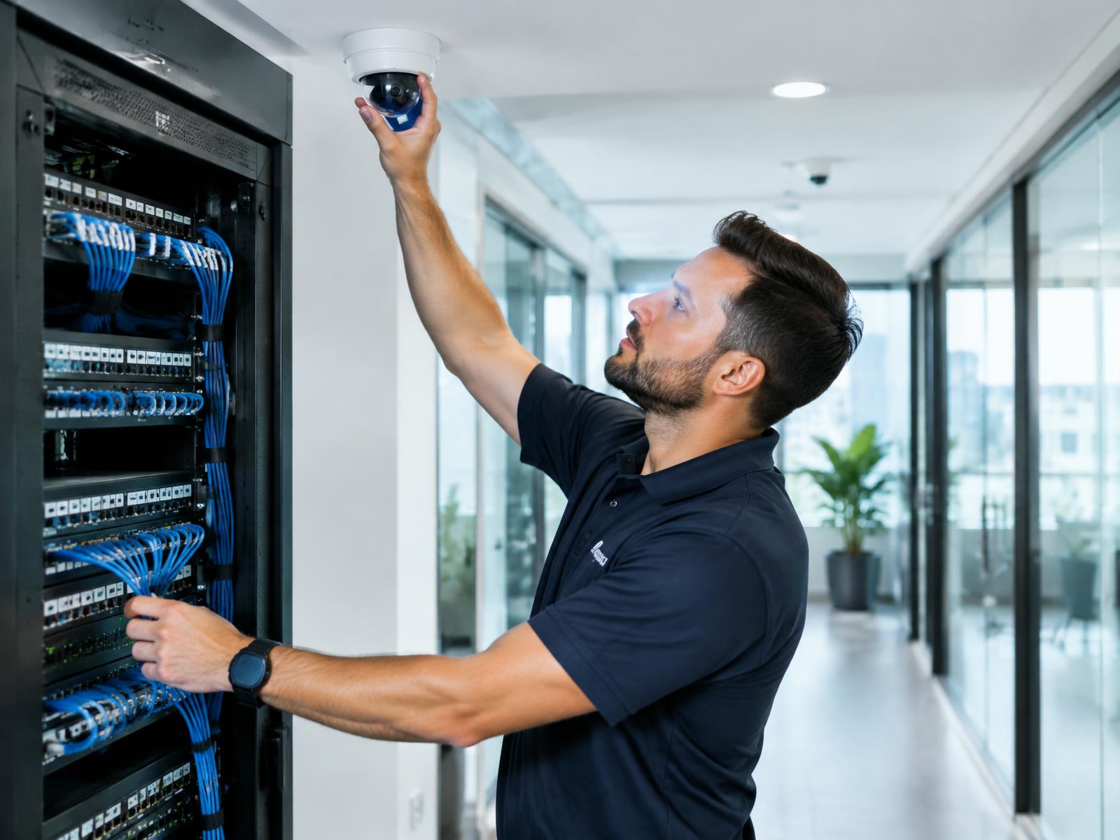 Technicien installant une caméra de surveillance et une baie réseau